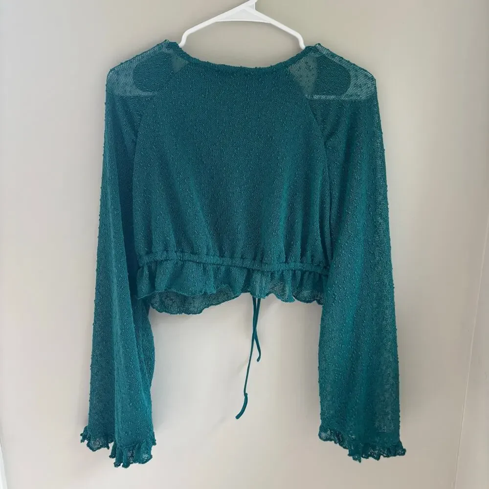 Urban Outfitters NWT Bell Sleeve Crop Top Tie Front Ruffles Boho Size Large